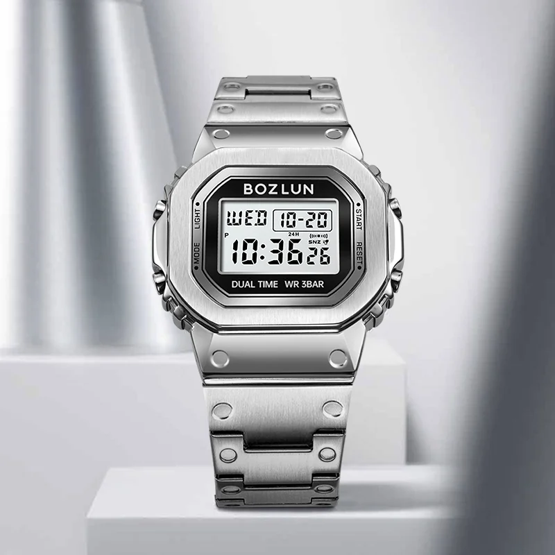 ساعة BOZLUN للأعمال الإلكترونية الرقمية المقاومة للماء للرجال والنساء، ساعة يد بسيطة من الفولاذ المقاوم للصدأ بشريط EL خفيف Reloj Hombre