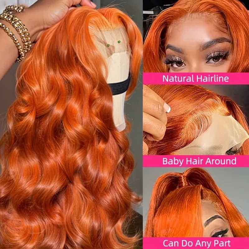 Peluca delantera de encaje HD 13x4.1 naranja jengibre # El cabello humano brasileño de las pelucas coloreadas de la onda del cuerpo 350 pre desplumaron el cordón sin cola del cabello humano Fro
