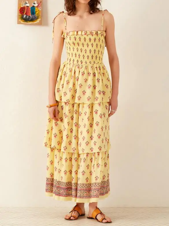 Lange zomerjurk voor dames, mouwloos, open rug, gelaagde strandjurk met gebonden bandjes en bloemen