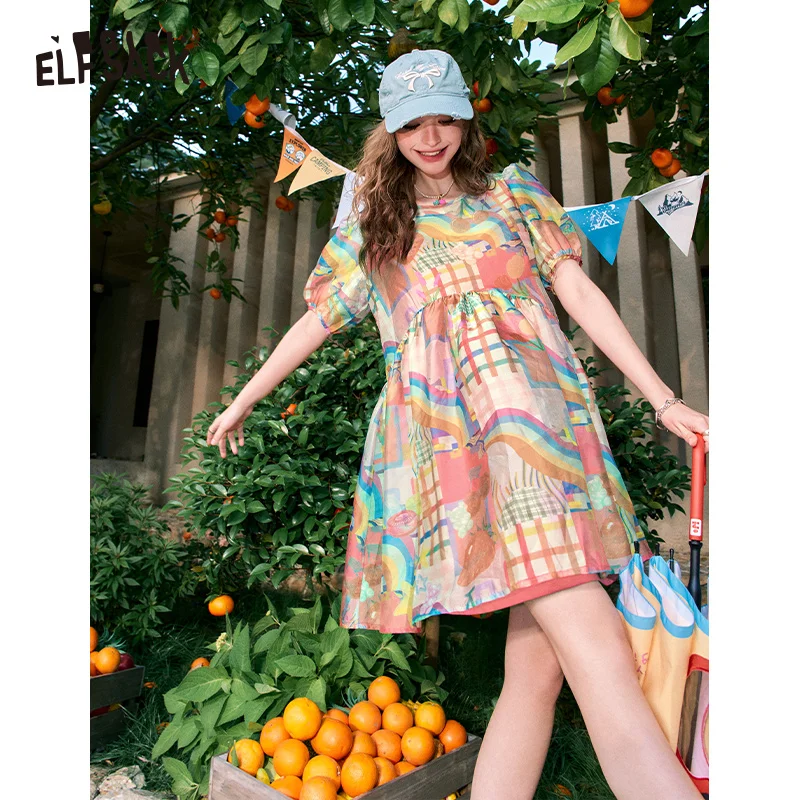 ELFSACK 2024 summer new arrival Puff Sleeve Full Indian Fake Style Knee Length Princess Skirt Dress for women