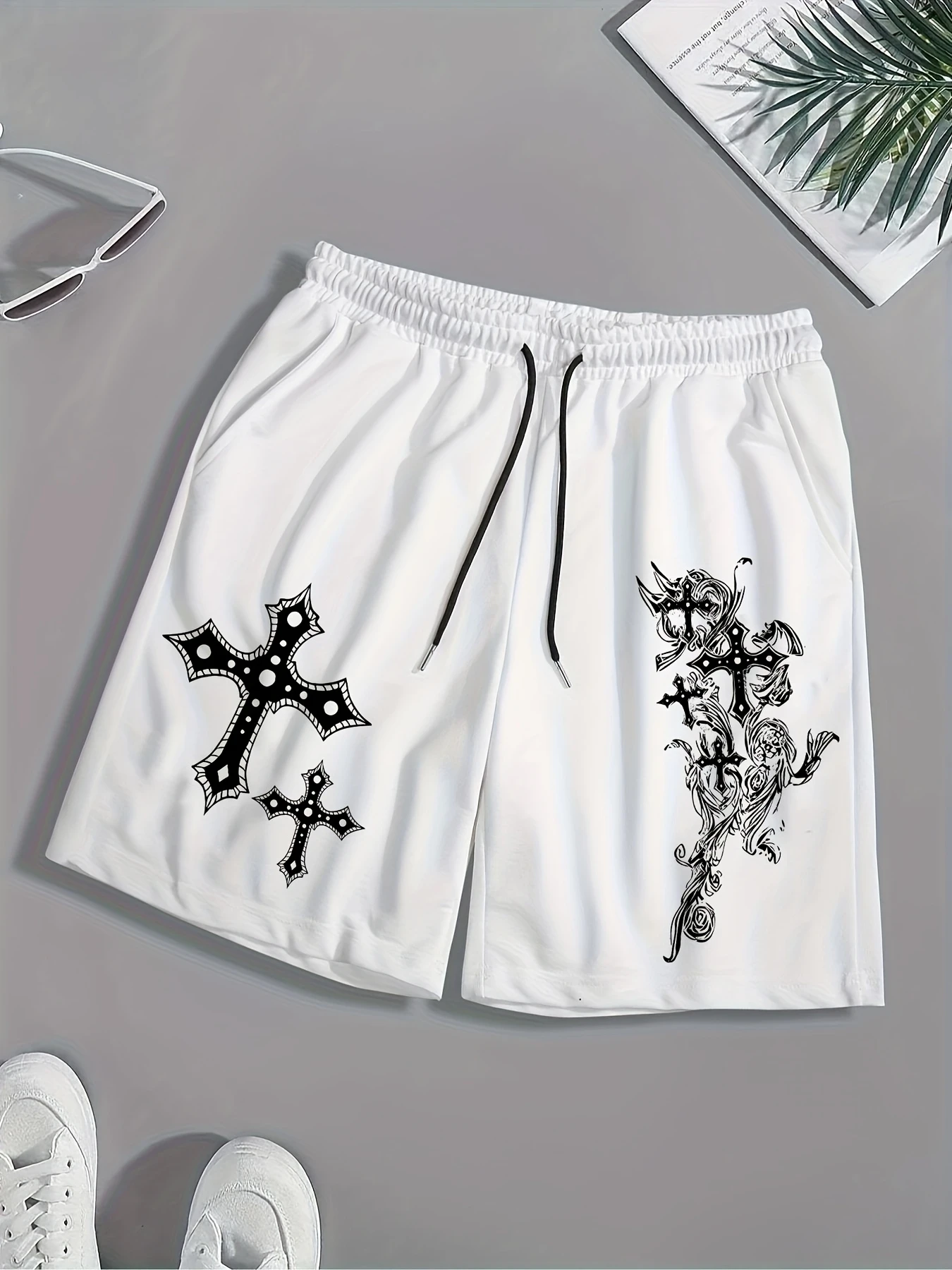 Men'S Breathable Casual Shorts with A Cross Print, Featuring An Elastic Waistband with Drawstring