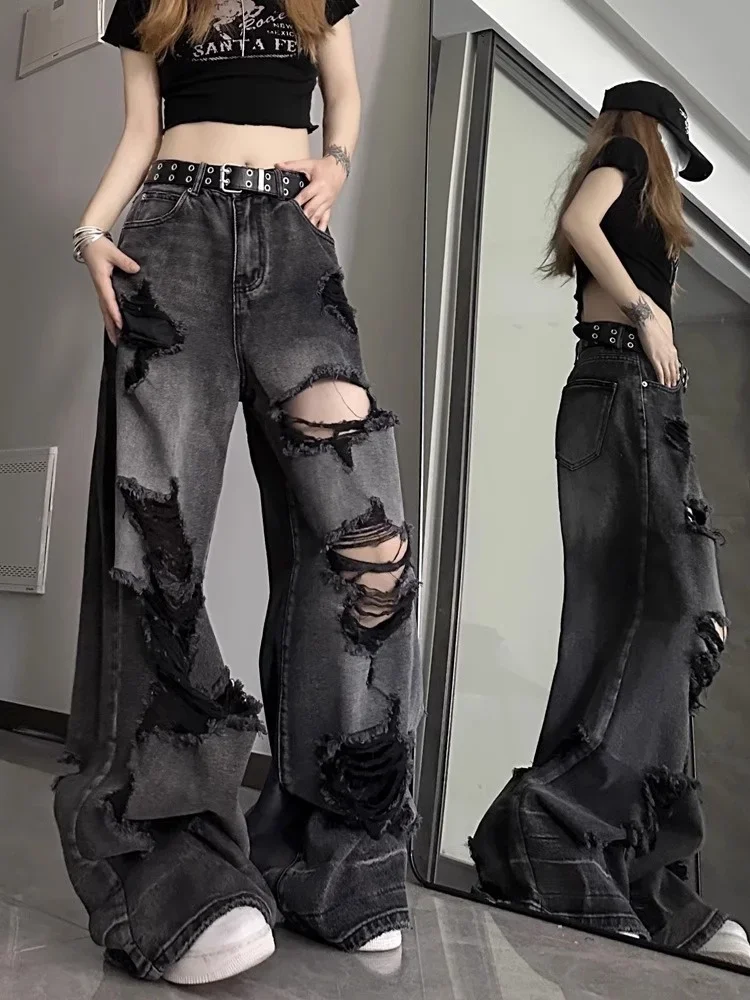 American High Street Unisex Distressed Jeans 2024 Summer Cool Girl Gradient Black Loose Versatile Straight Wide Leg Pants