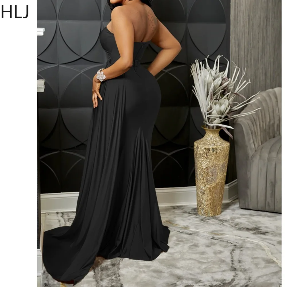 فساتين طويلة أنيقة بفتحة عالية من HLJ للنساء بلون واحد بكتف واحد بدون ظهر فستان نسائي لأعياد الميلاد والنوادي جديد