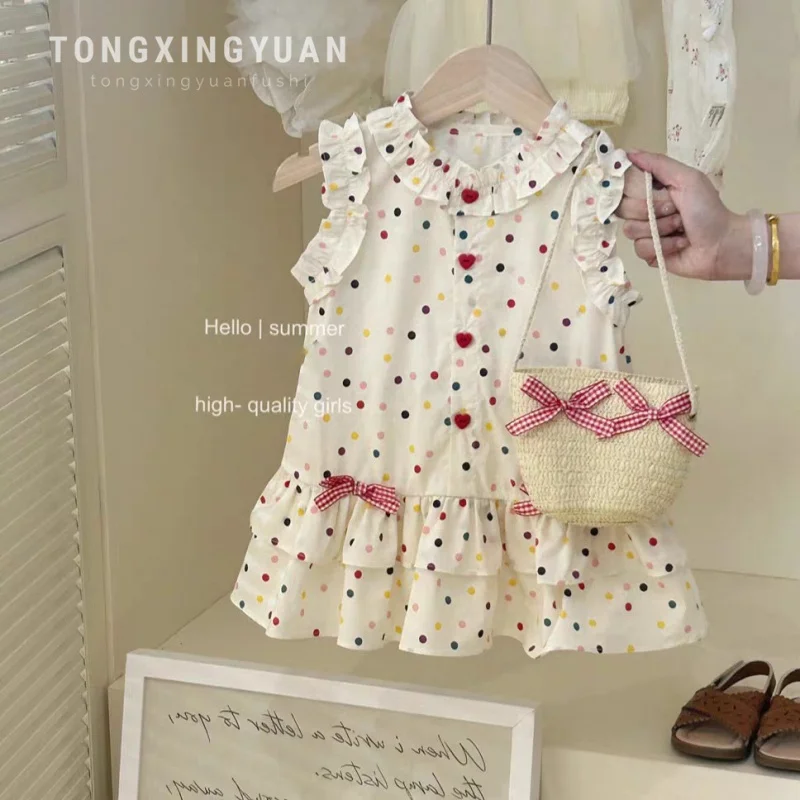 

South Korea Girls' Summer New Colorful Polka Dot Skirt Baby Fashionable Dress Lace Fashionable Vest Dress