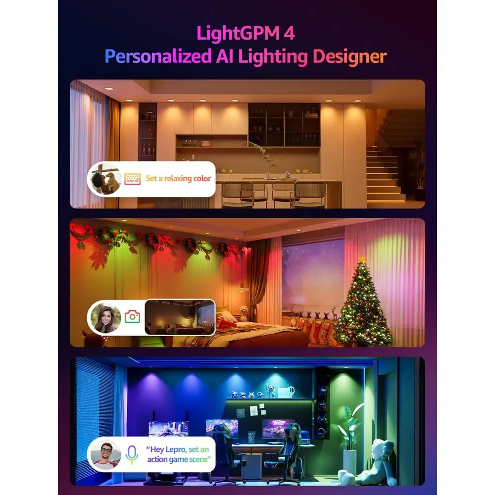 Luz LED Embutida de 6 Polegadas - Designer de Iluminação Personalizado com IA, Luzes Quentes Reguláveis que Sincronizam com Música, Downlights Inteligentes que Funcionam com Wi-Fi