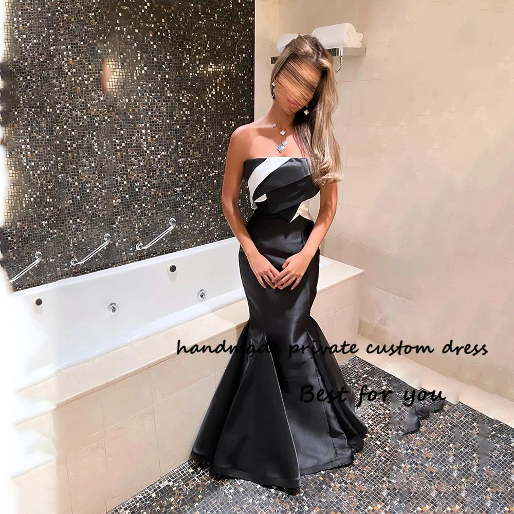 

Black Satin Mermaid Evening Prom Dresses for Women Strapless Arabic Dubai Formal Dress Floor Length Occasion Party Gowns