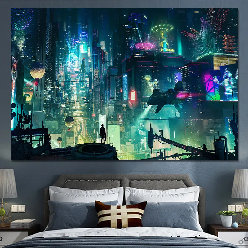 Cyberpunk Night Street Scene Large Wall Tapestry Background Cloth for Live Stream Bedroom Dorm Decorative Hanging