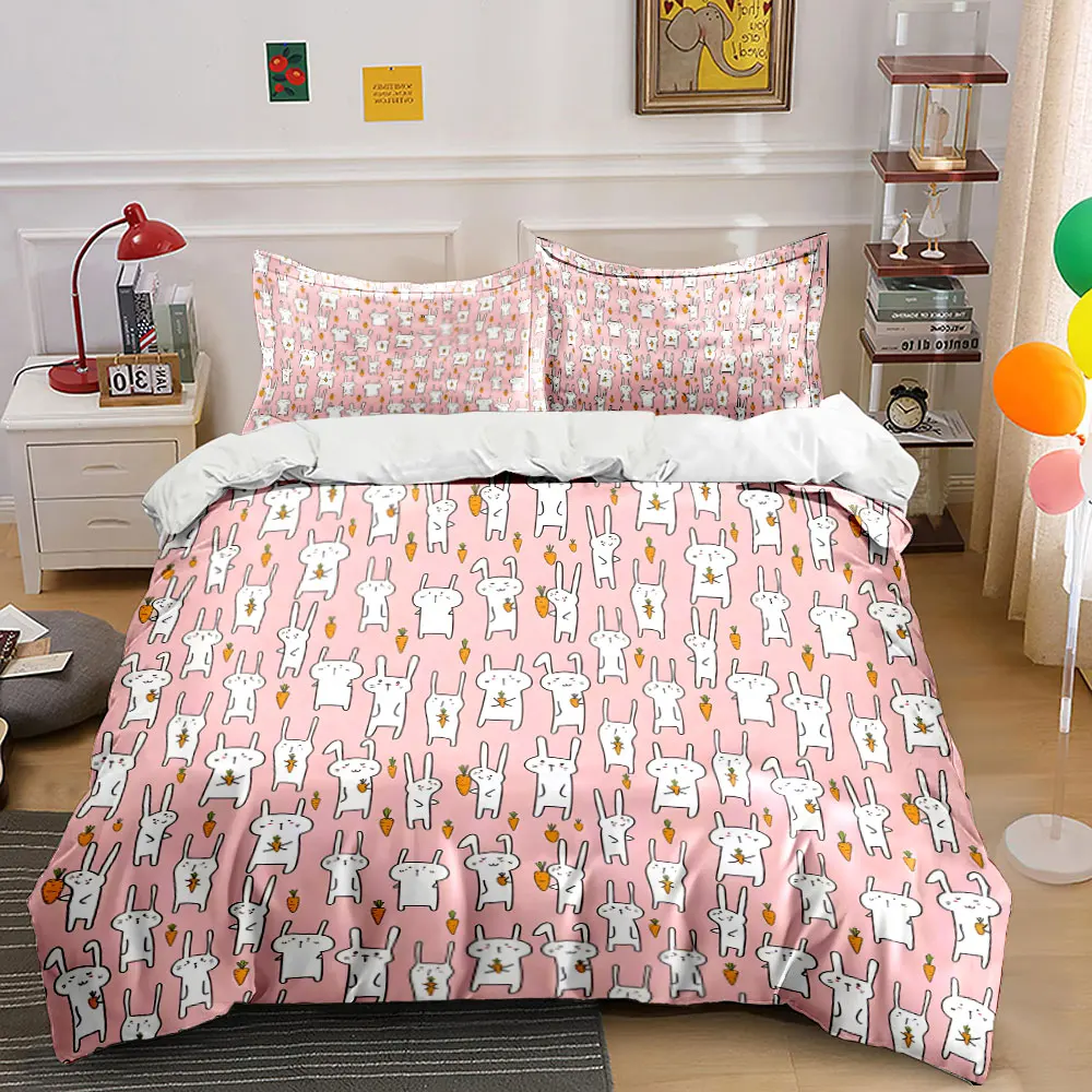 Cute pattern of rabbits with carrots Bedding Set for Kids Luxury Gift 3pcs Digital Print Comforter Set Soft Comfortable