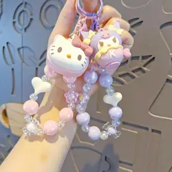 Sanrio Beaded Keychain Hello Kitty Cinnamoroll Kuromi Cute Cartoon Doll Pendant Phone Chain Keychains Bag Pendant Accessories