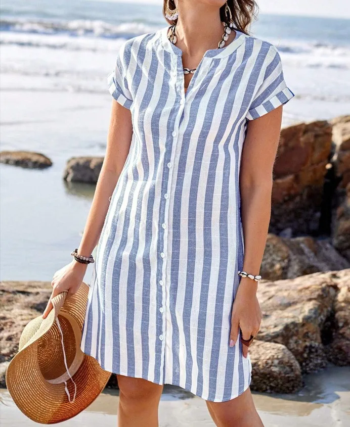 Summer Dress Woman Short Sleeve Blouse Striped Loose Fit Blouses Cotton Blend Front Shirt Blue White Striped Button Up Shirt
