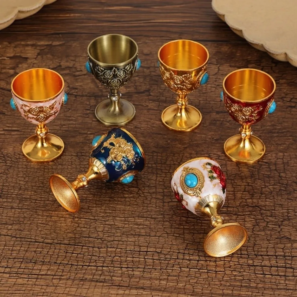 Flower Embossed Rose Chalice Goblet Zinc Alloy Rhinestone Synthetic Turquoise Wine Cup Vintage Medieval