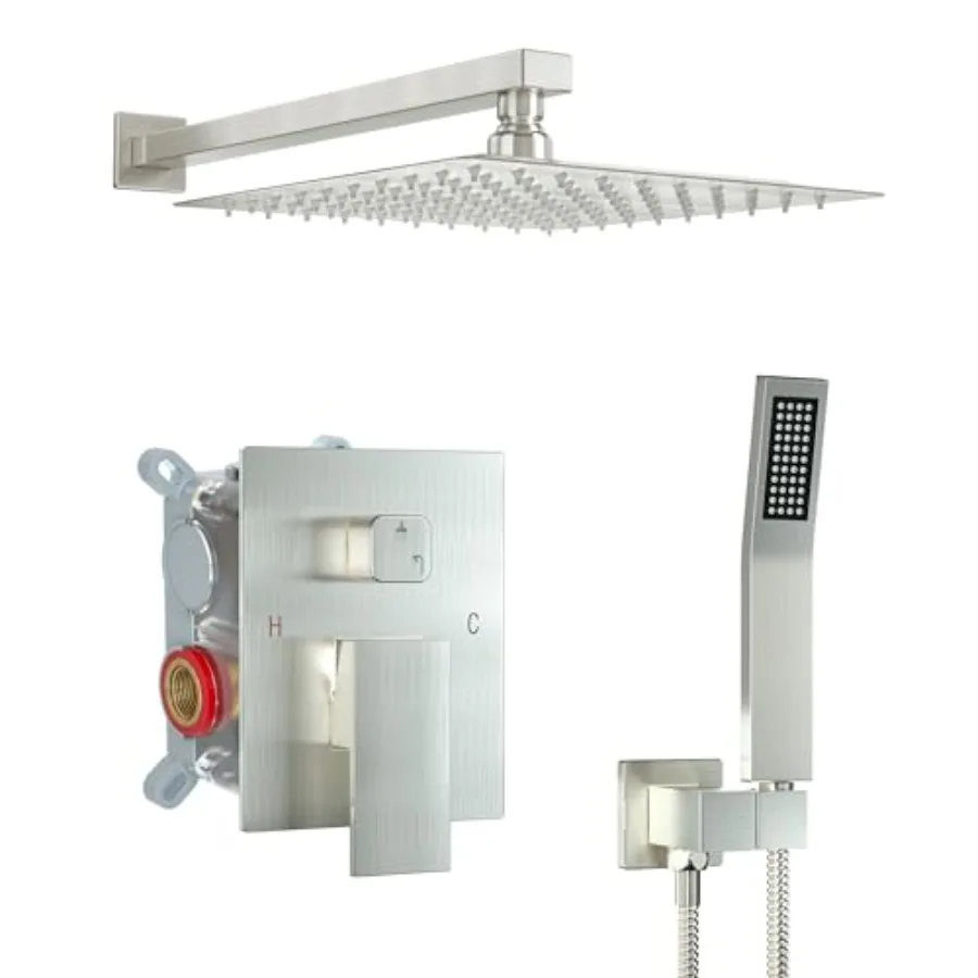 

10 Inch Shower Faucet Set for Bathroom: Brushed Nickel Rainfall Shower System with Square Fixed Head and High Pressure Handheld