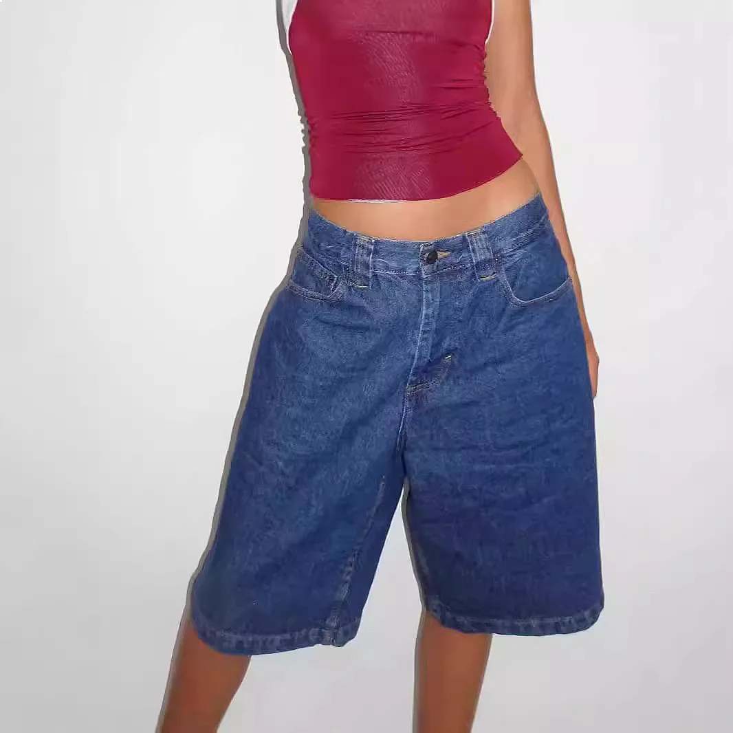 Jean Shorts for Women Loose Fit Retro Rigid Denim Bermuda Jeans Spring Summer