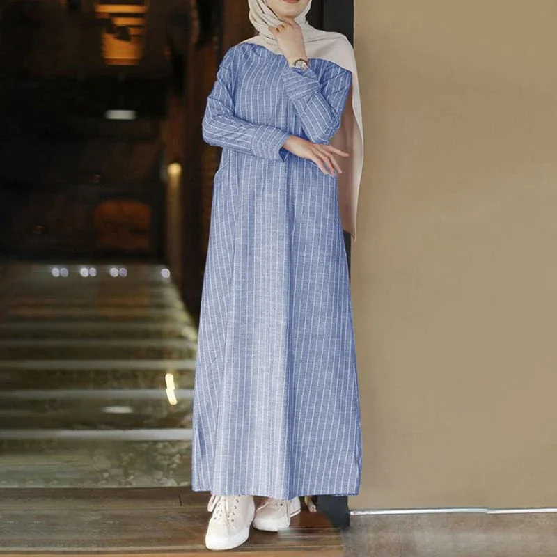 Female Muslim Long-sleeved Robe Cotton and Linen Striped Round Tie Pocket Long Skirt Casual Loose Street Women\'s Dress