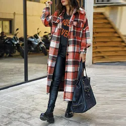 Plus Size Autumn Winter Ladies Plaid Coat Medium Length Side Opening Bag Style Fashionable Flip Collar Coat Street Trend Jacket