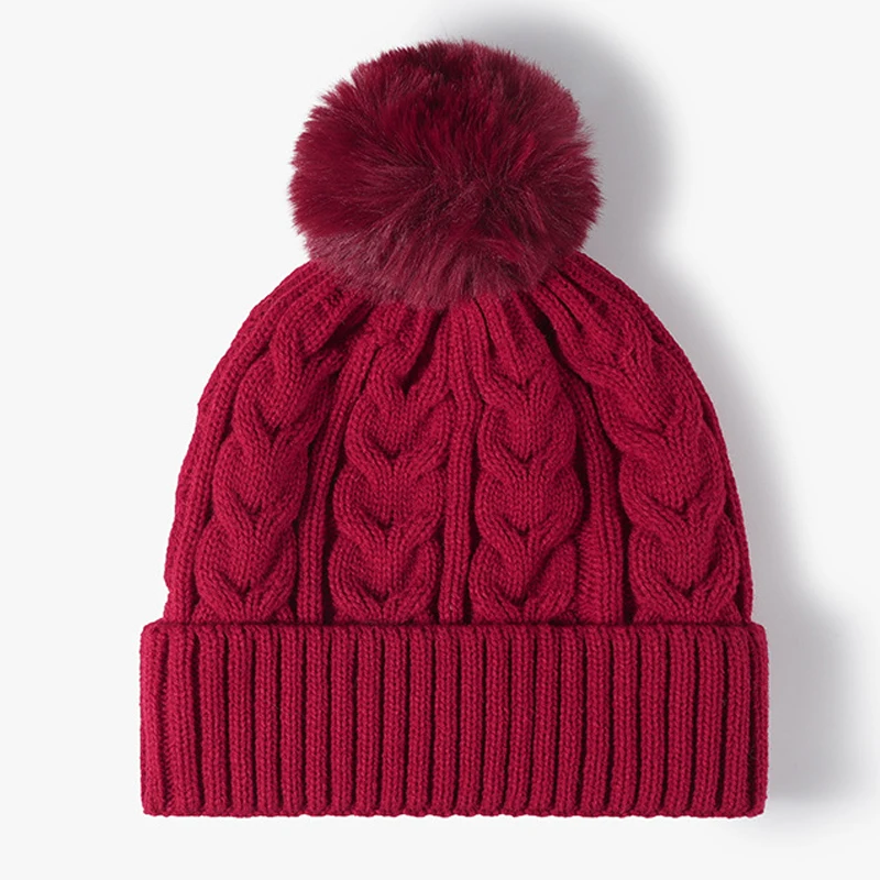 

fur-lined thick winter hats for women big fur pompom cute knit beanies plush lining outdoor solid color dark red white black