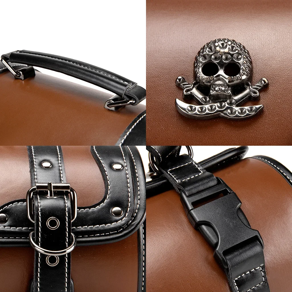 Gothic Pirate Skull Dagger Barrel Bag, Steampunk Brown Leather Mini Crossbody Handbag with Detachable Strap  FBG375BK