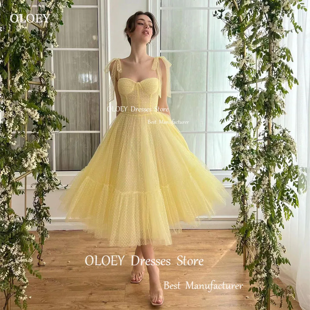 

OLOEY Sexy Casual Yellow Tulle A Line Dot Print Evening Gown Dress Strapless Spaghetti Strap Ankle Length Sleeveless Prom Gowns