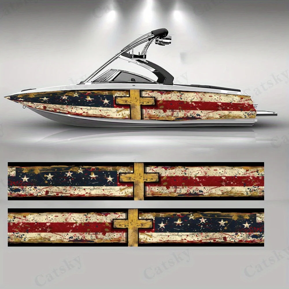 

American Flag Retro Style Vintage Feel Cross Boat Sticker Vinyl Ship Pontoon Deck Boat Fishing Decorative Pontoon Boats Decal