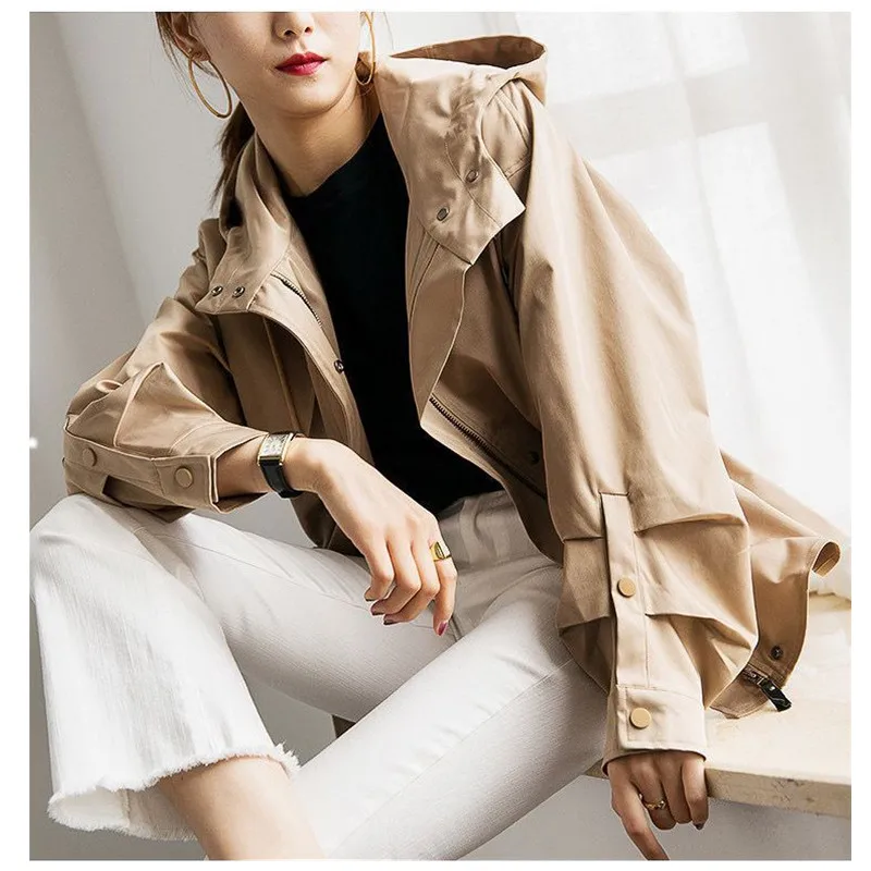 

Women's Hooded Trench Coat with Bat Sleeves, Short Tops, Loose Outerwear, Lady, Outside, Spring