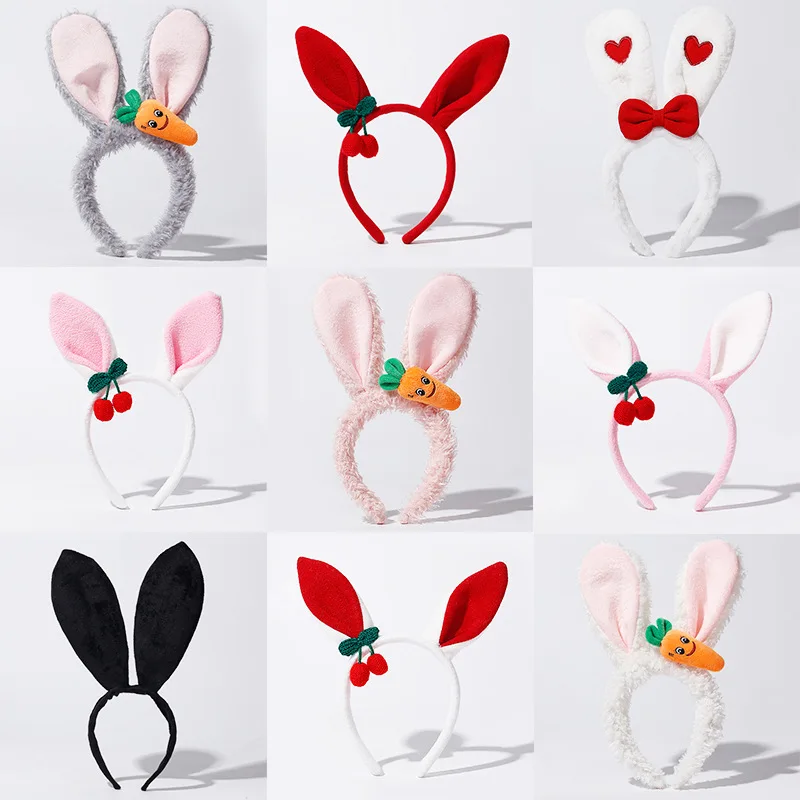 Lolita Fashion Easter Cosplay  Long Bunny Ears Carrot Bow Hairband Plush Rabbit for Girls Women Birthday Party