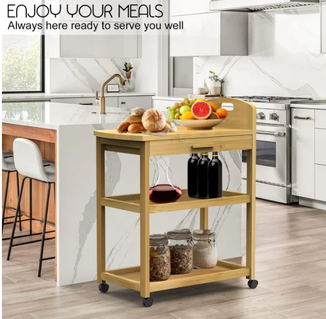 Bamboo Kitchen Storage Cart 3 Tier Rolling Cart Mobile Utility Cart Trolley with Drawer and Lockable Casters for Home Kitchen