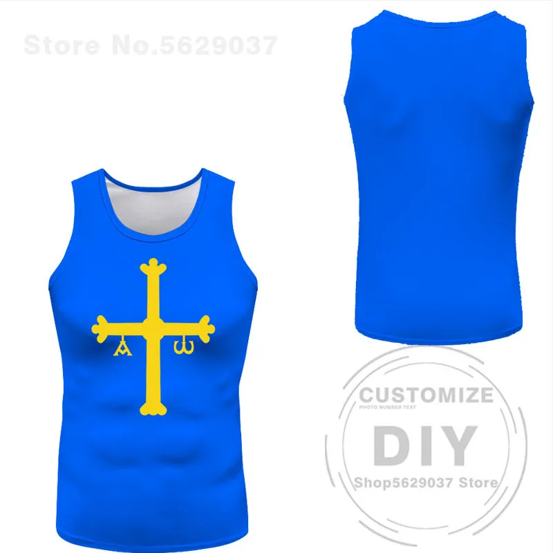 Asturies Sleeveless Free Custom Made Name Oviedo Gijon Vest T-shirt Print Flag Word Mieres Langreo Spain Spanish Asturias Shirt