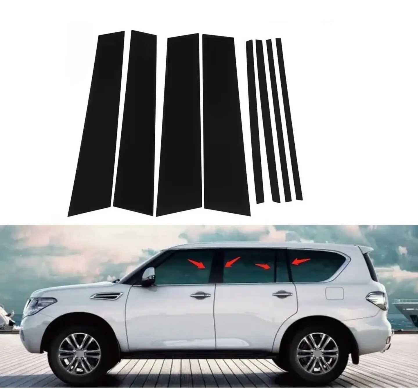 

8PCS Gloss Black Pillar Posts Fit For Nissan Patrol 2012 2013 2014 2015 2016 2017-2020 Car Window Trim Cover BC Column Sticker