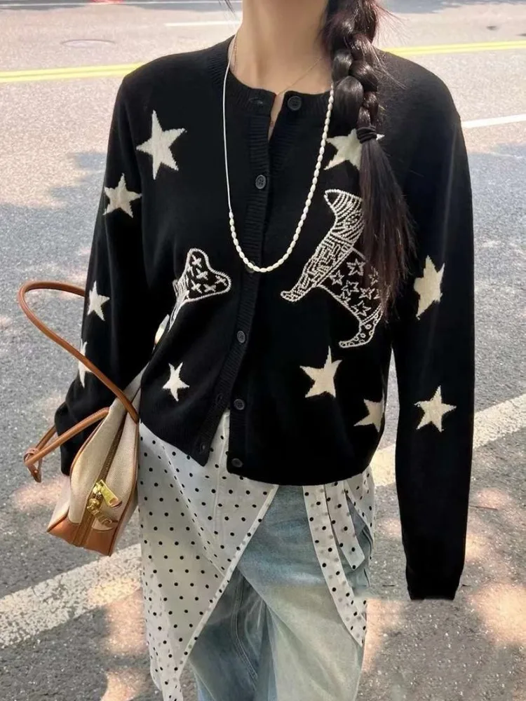 Funny Cartoon Star Puppy Embroidery Cardigan Single Breasted Sweater Jacket High Street Women Fashion Knitwear Winter Black Gray