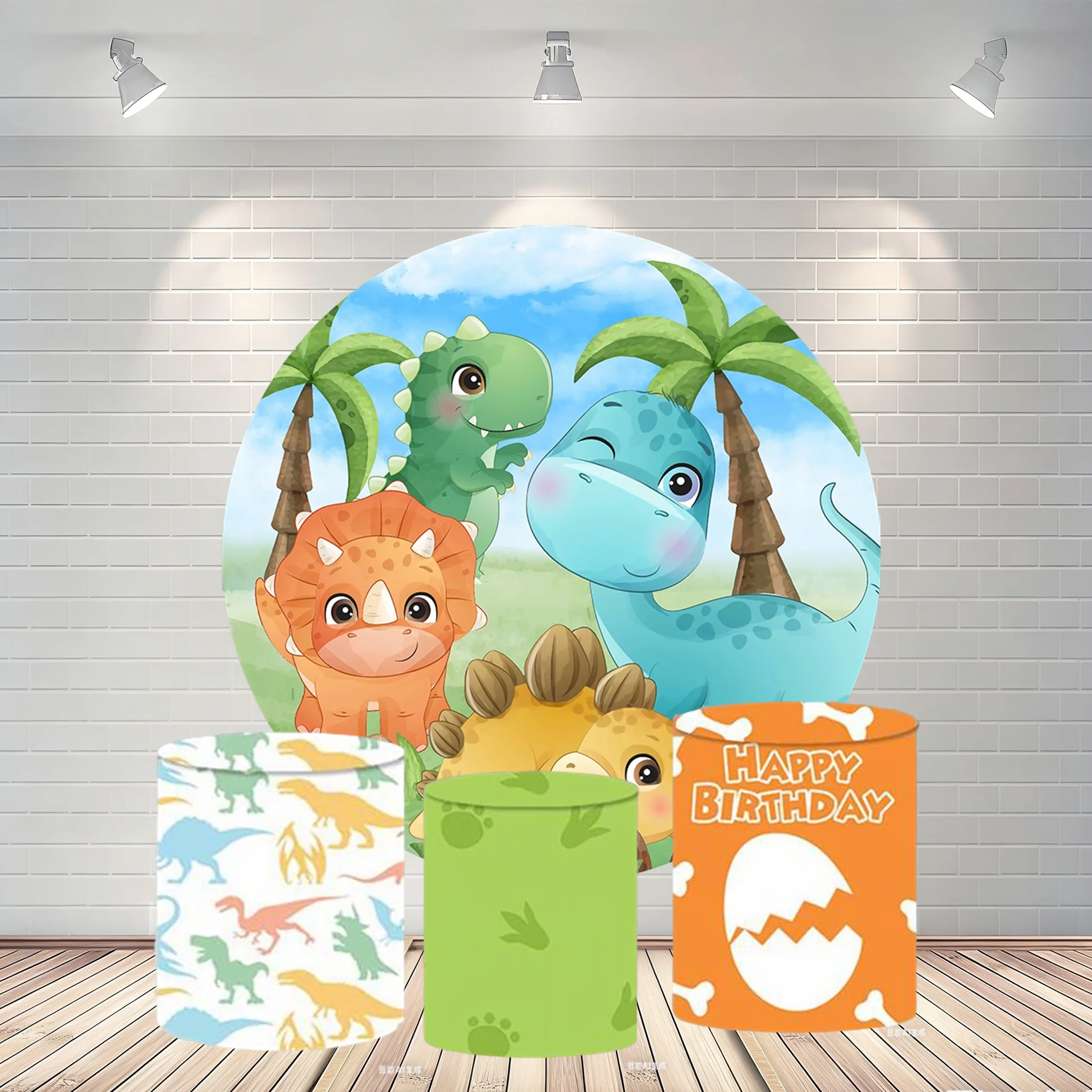 

Cute Cartoon Dinosaur Party Round Backdrop Cover Kids 1st Birthday Baby Shower Circle Photography Background Plinth Cover Custom