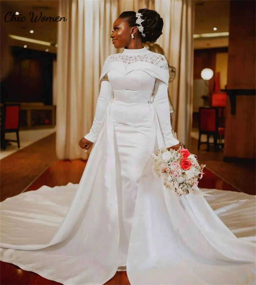 Gorgeous Nigeria African White Wedding Dress With Removeable Skrit Muslimah Long Sleeve 2 in1 Lace Bridal Gowns Convertibles