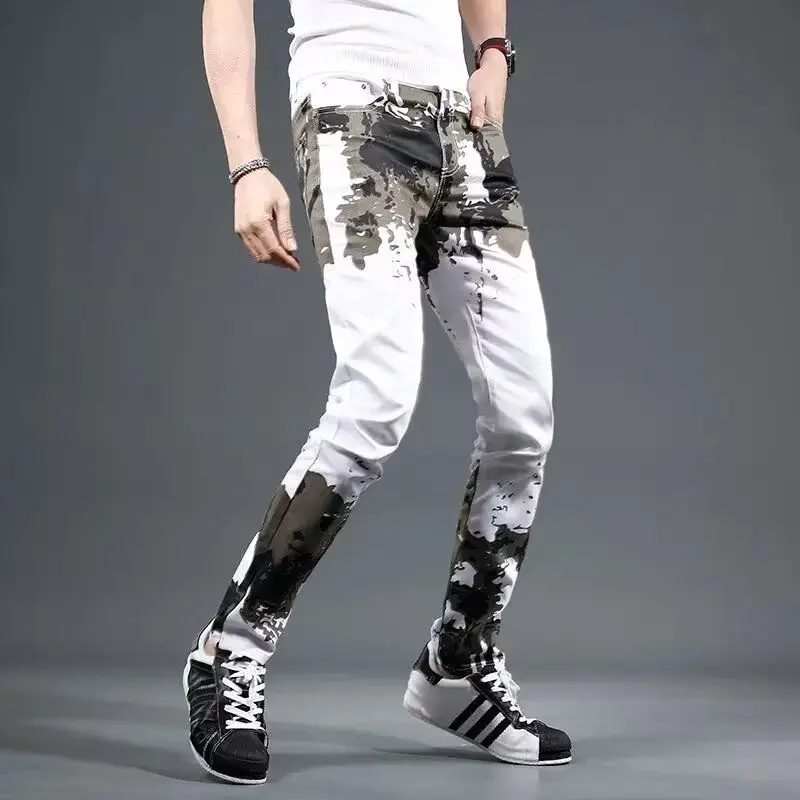 Pantalones vaqueros para hombre, pantalones blancos ajustados, pantalones vaqueros ajustados para hombre, pantalones ajustados de diseñador apilados, estilo callejero japonés, gótico estético