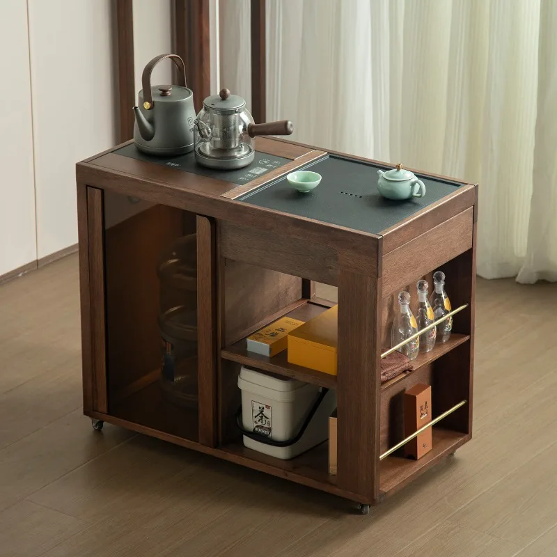 Solid wood mobile tea cart, multi-functional storage side table