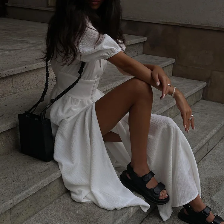 Women Solid Cotton Linen Dress Summer Vintage Elegant Short Sleeve V-Neck Button Maxi Dress for Women Harajuku Loose Long Dress