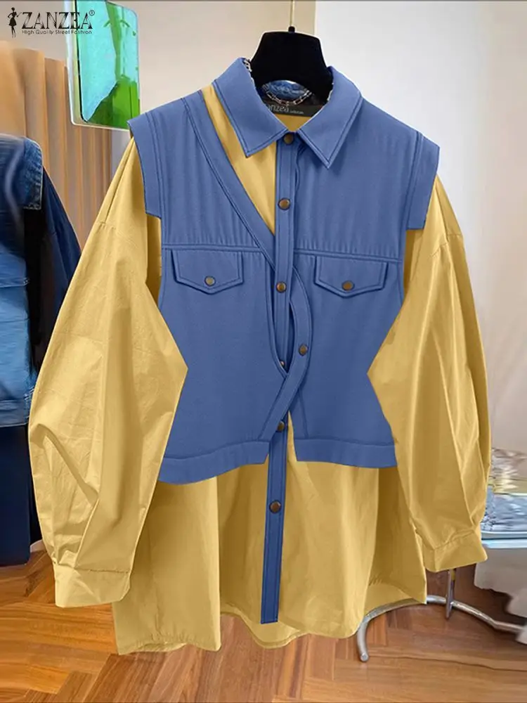 

2025 ZANZEA Women Stylish Shirts Autumn Long Sleeve Tops Fashion Casual Denim Patchwork Blouses Lapel Buttons Streetwear Elegant