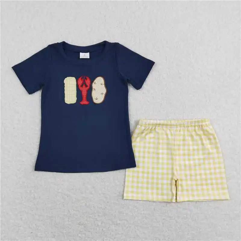 Wholesale Baby Boy Girl Short Sleeves Embroidery Crawfish Navy Blue Tunic Toddler Plaid Shorts Set Kids Children Summer Outfit