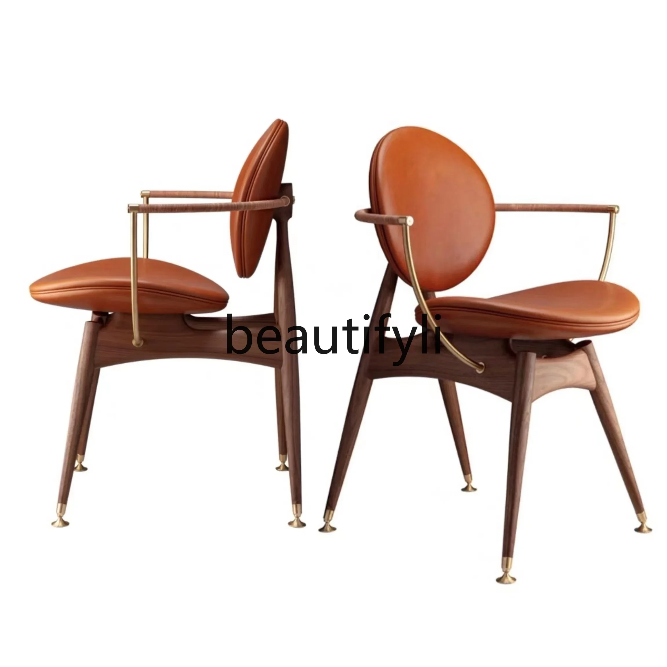 

Leather dining chair Nordic balcony solid wood home designer casual Chinese desk chair