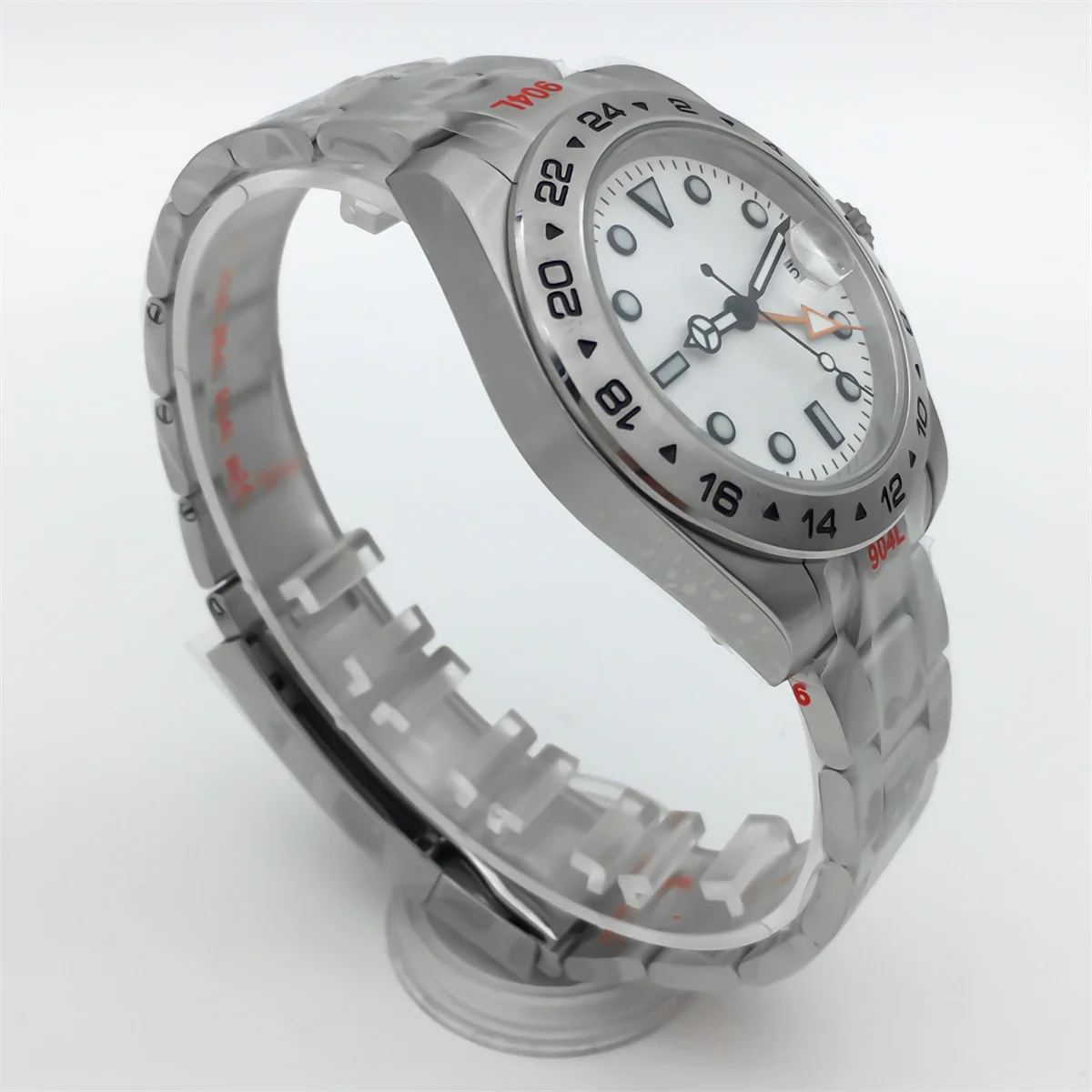 Мужские часы BLIGER 40 мм Rhonda 515-24H GMT, 24 часа, серебряный фиксированный безель, сапфировое стекло, зеленый светящийся браслет из нержавеющей стали