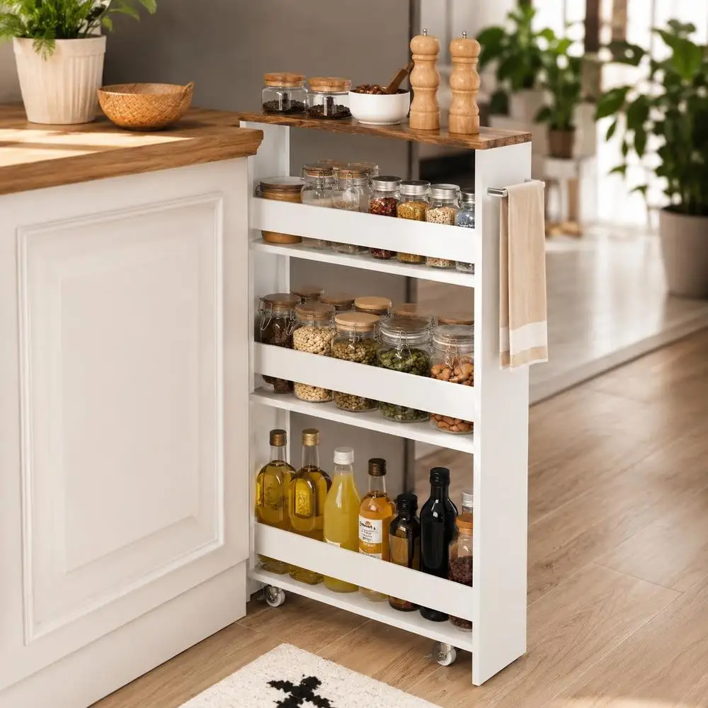 Chariot de rangement fin à 4 niveaux avec étagères ouvertes et roulettes - Café - Structure ouverte multi-niveaux pour une placement clair des articles quotidiens