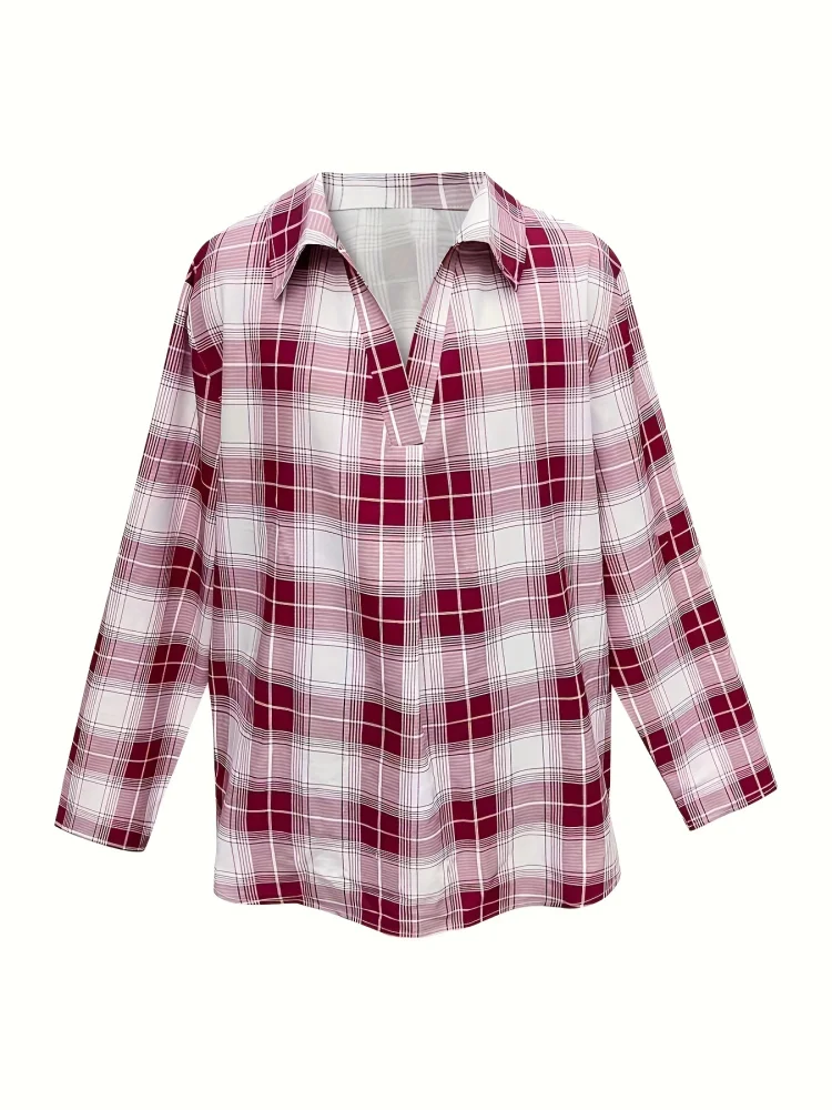 Women\'s plaid print casual fashion V-neck spring/summer plus-size shirt