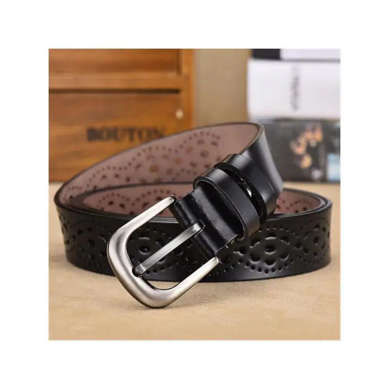 

2pcs Women Real Cowhide Belt Genuine Leather Korean Style Hollow PinBuckle Punch Black Fashion Wholesale Jeans Pants Accessories