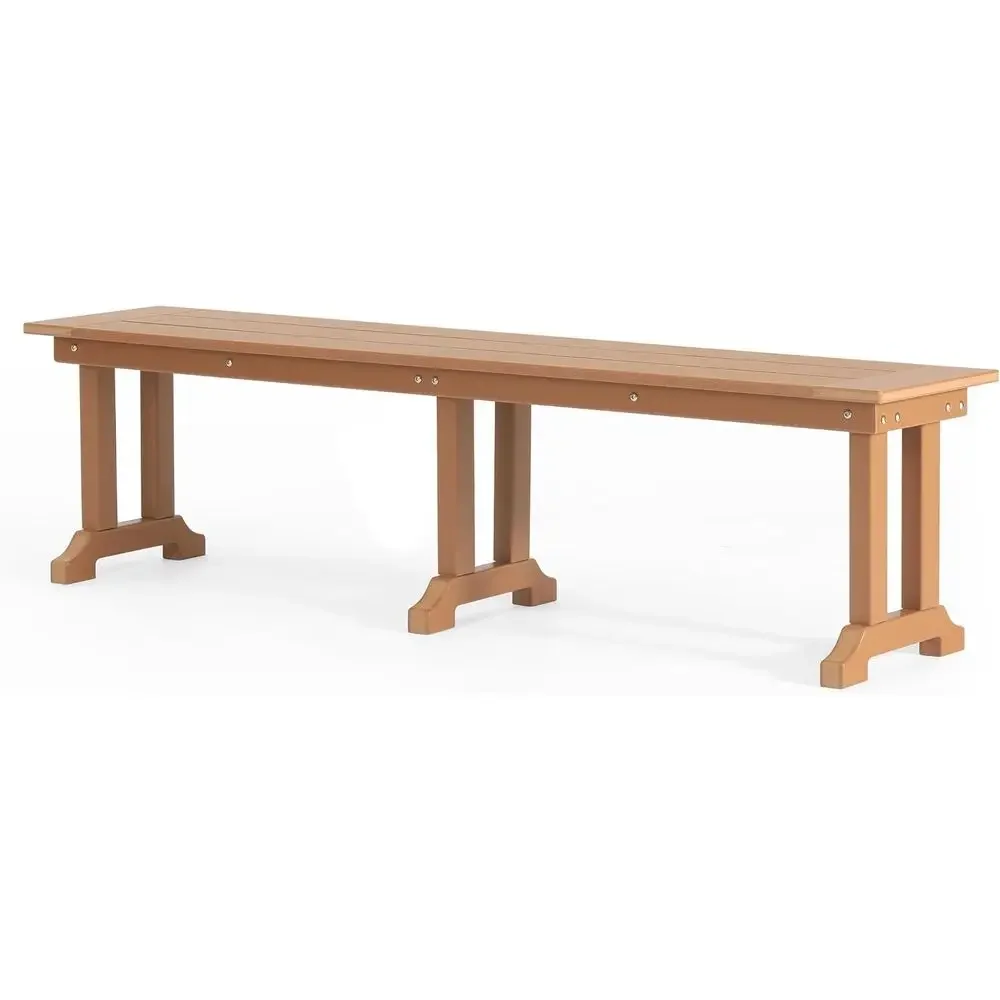 65 All-Weather Outdoor Dining Bench, Poly Lumber Patio Garden Trestle Bench, Suitable for Indoor and Outdoor Use, Teak Color