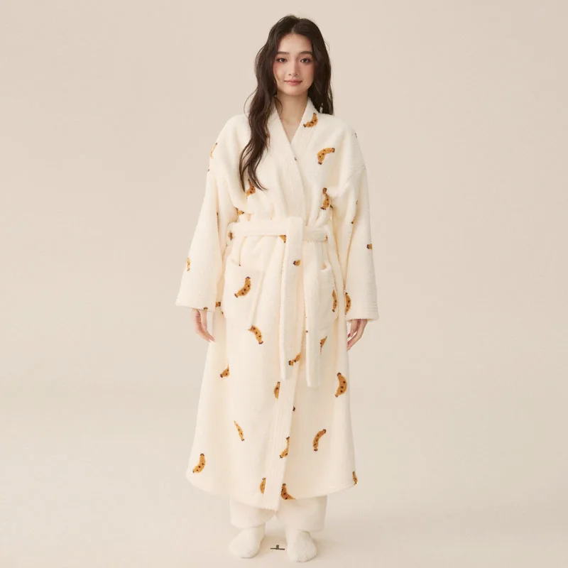 Women\'s Winter New Kimono Robe Ladies Coral Fleece Plush Warm Long Bathrobe Nightgown Sleepwear Female Thick Flannel Homewear