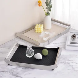 Nordic Luxury Stainless Steel Serving Tray Leather Woven Storage Tray with Handles for Home Decoration Table Room Gift