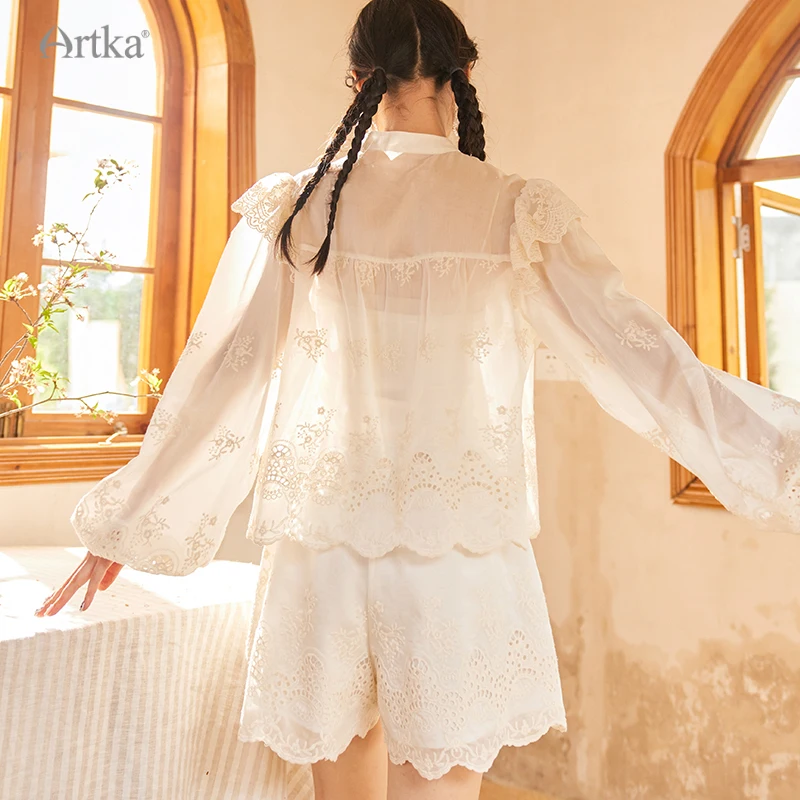 ARTKA 2024 Summer New Women Blouse Set French Elegant Hollow Embroidery Lace Shirts Three-piece Set A-Line Skirt Shorts SA92332Q