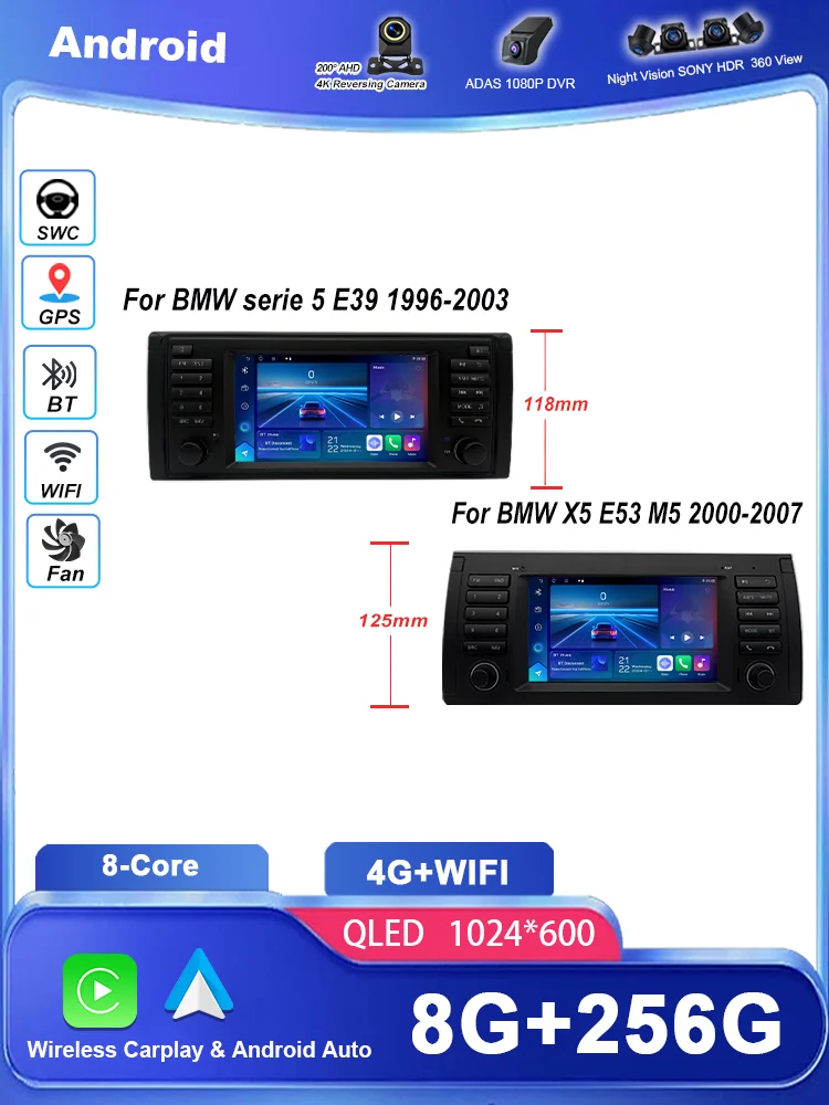 7 Inch Draadloze CarPlay Android Auto Radio Voor BMW 5 Serie E39 X5 E53 M5 1996-2003 Auto multimedia GPS 2din DVD Autoradio 4G DSP - afbeelding 2
