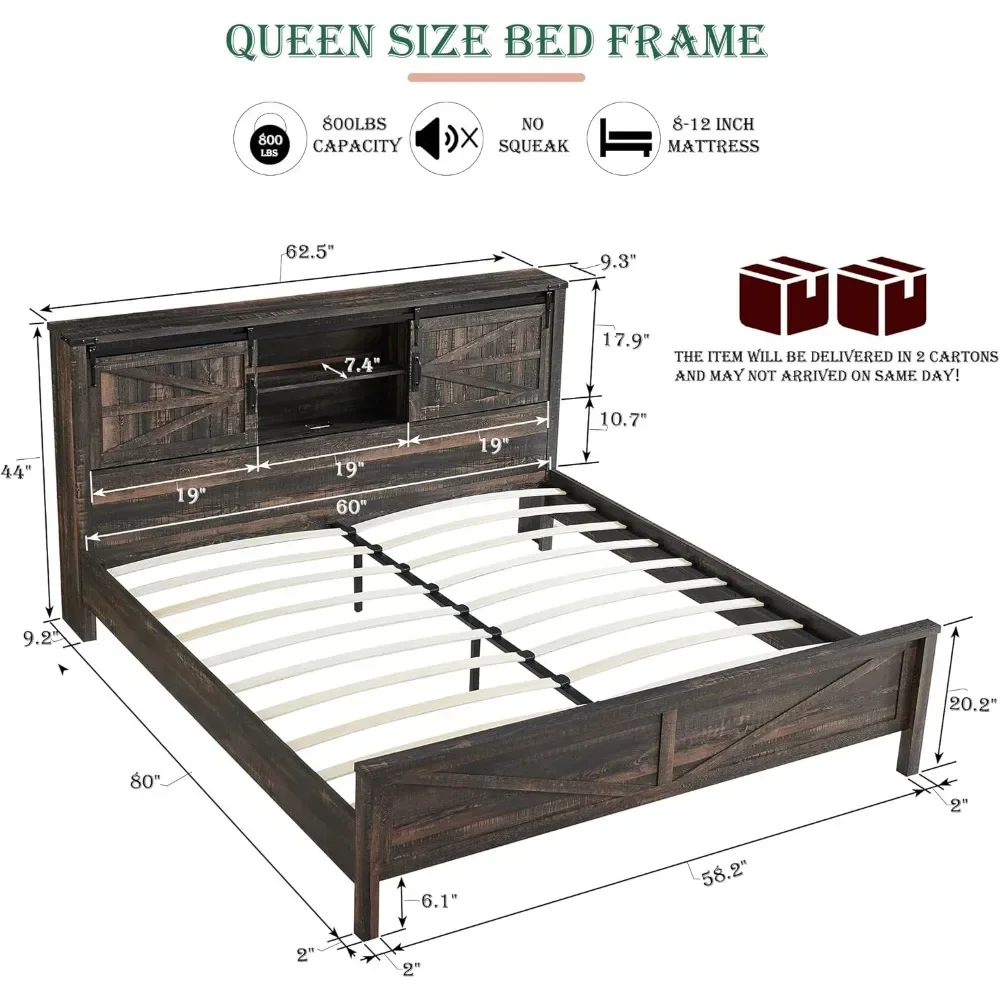 Queen Bed Frame with Bookcase Headboard Sliding Barn Door Charging Station, Wood Slats Support, No Box Spring Needed，Bed Frame