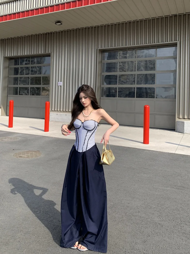 

Kumikumi Sexy Elegance Set Women's Strapless Crop Top High Waist Slimming Casual Pants Two-Piece Spring Fashion Ensemble
