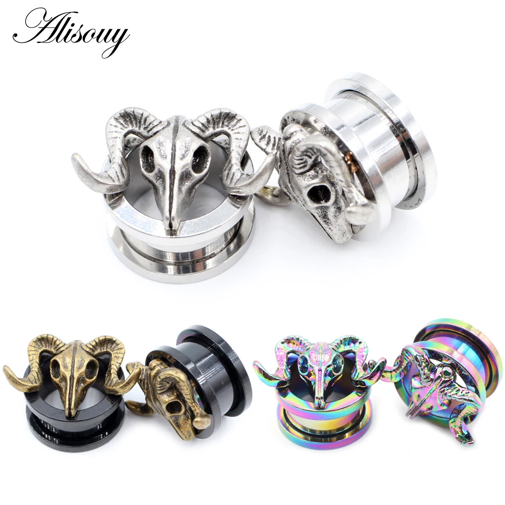 Alisouy 2pcs Stainless Steel Sheep Goat Head Animal Ear Gauges Expander Earrings Plugs Tunnels Stretcher Piercing Body Jewelry