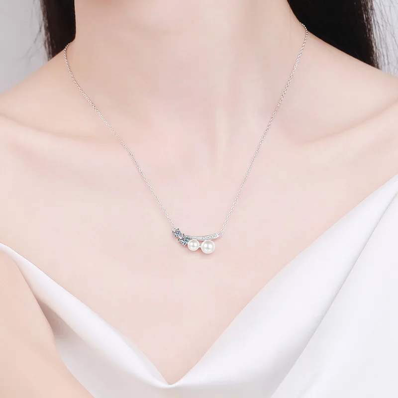 S925 Sterling Silver Necklace, Moissanite Necklace, Freshwater Pearl Collarbone Chain, Plated with Pt950 Gold